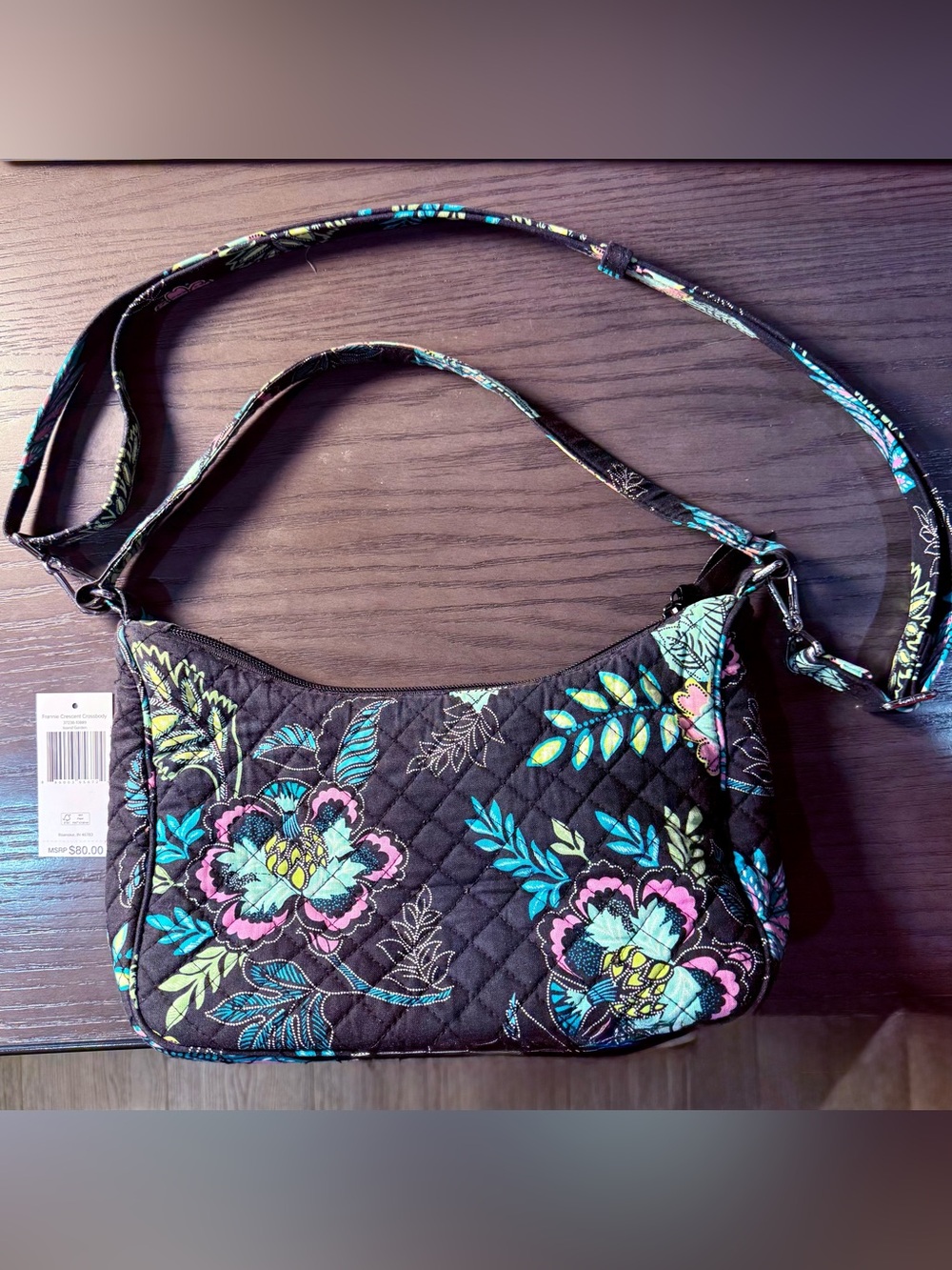 Vera Bradley Quilted Shoulder Bag - Black with Teal & Pink Floral